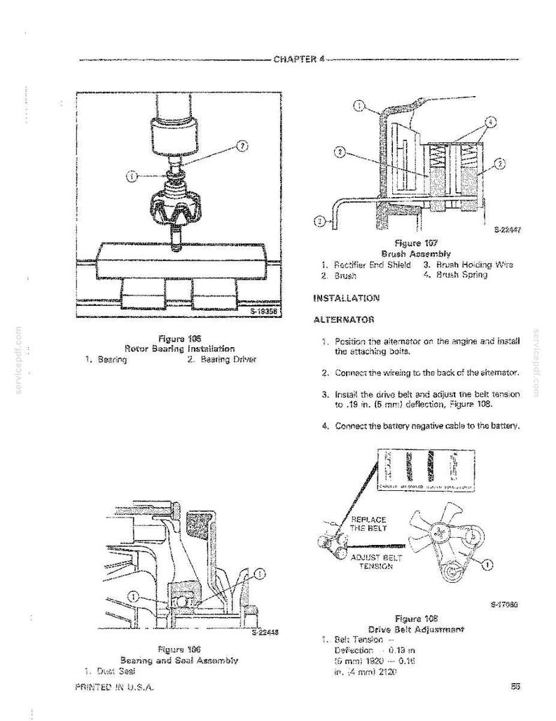 May include: A black and white technical diagram from a manual, detailing alternator installation and bearing assembly. Includes figures for rotor bearing installation and drive belt adjustment, with measurements in inches and millimeters.