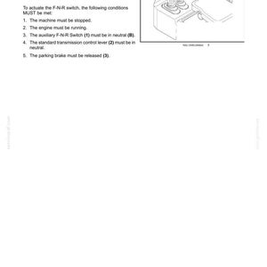 May include: Diagram of a machine control panel with operating instructions. The text explains the function of the F-N-R switch and the conditions required for its use. Includes numbered callouts for buttons and levers.