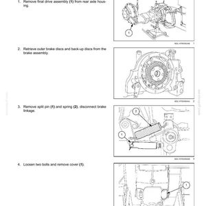 K&ouml;nnte beinhalten: Diagramm der Demontageschritte f&uuml;r mechanische Betriebsbremsen. Enth&auml;lt Abbildungen zum Ausbau der Endantriebseinheit, Bremsscheiben, Splint, Feder und Abdeckung. Textanweisungen sind enthalten.