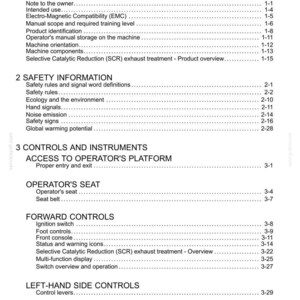 May include: A white document titled "Contents" with a list of topics and page numbers. Sections include General Information, Safety Information, Controls and Instruments, Operator's Seat, and Forward Controls.