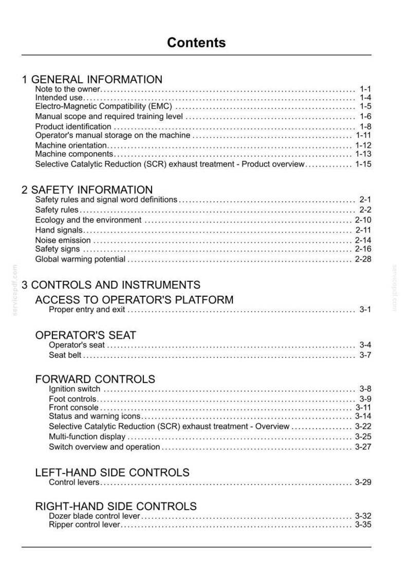 May include: A white document titled "Contents" with a list of topics and page numbers. Sections include General Information, Safety Information, Controls and Instruments, Operator's Seat, and Forward Controls.