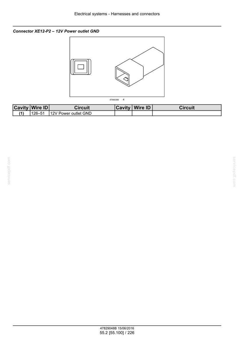May include: Diagram of an electrical connector labeled "Connector XE12-P2 - 12V Power outlet GND." The image includes a detailed illustration of the connector and a table with specifications, including "Cavity," "Wire ID," and "Circuit" information.