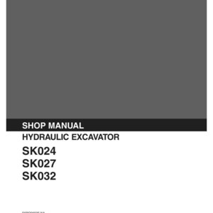May include: A gray and white Kobelco shop manual for a hydraulic excavator. The cover displays the text: KOBELCO, SHOP MANUAL, HYDRAULIC EXCAVATOR, SK024, SK027, SK032, S5RO0002E NA, Issued 04-1992, and a list of applicable serial numbers for each model.