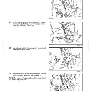 May include: Diagrams illustrating crop processing and feeding precompression steps. Instructions include reconnecting a sensor rod and spring, lifting stuffer fingers, inserting a shearbolt, and installing a bushing. Text and numbered components are labeled.