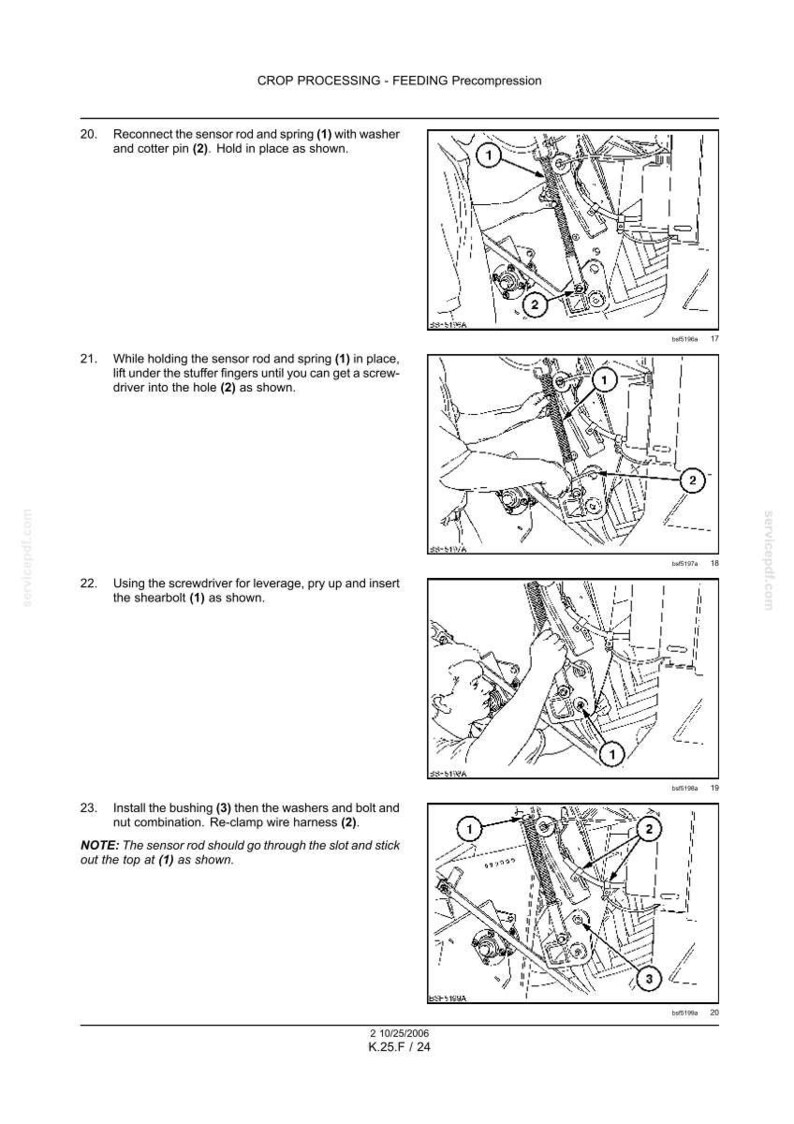 May include: Diagrams illustrating crop processing and feeding precompression steps. Instructions include reconnecting a sensor rod and spring, lifting stuffer fingers, inserting a shearbolt, and installing a bushing. Text and numbered components are labeled.