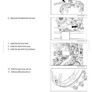 Puede incluir: Diagrama de un sistema de eje trasero con instrucciones. La imagen muestra ilustraciones detalladas de componentes mec&aacute;nicos, incluyendo mangueras de freno, ejes y hardware. Las instrucciones de texto acompa&ntilde;an los diagramas.