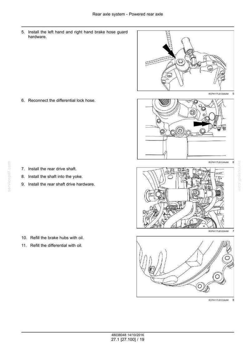 Puede incluir: Diagrama de un sistema de eje trasero con instrucciones. La imagen muestra ilustraciones detalladas de componentes mec&aacute;nicos, incluyendo mangueras de freno, ejes y hardware. Las instrucciones de texto acompa&ntilde;an los diagramas.
