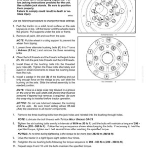 May include: A technical document page titled 6-WORKING OPERATIONS detailing the 10 bolt wheel tapered bushing hub procedure. It includes a warning about crushing hazards, numbered step-by-step instructions, and two circular diagrams with numbered parts.