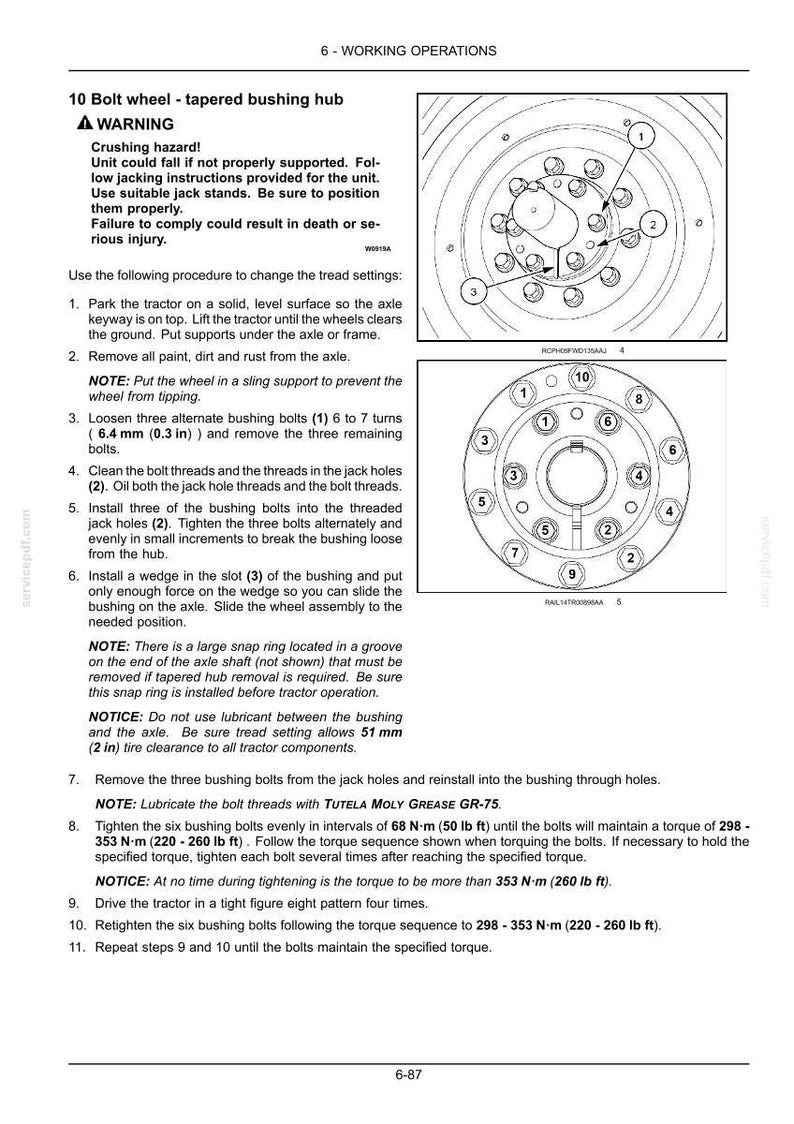 May include: A technical document page titled 6-WORKING OPERATIONS detailing the 10 bolt wheel tapered bushing hub procedure. It includes a warning about crushing hazards, numbered step-by-step instructions, and two circular diagrams with numbered parts.
