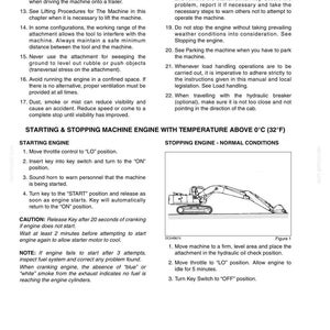 May include: A page from an operating manual titled Chapter 4 Operating Instructions. It contains numbered safety guidelines for heavy machinery, including starting and stopping procedures for temperatures above 0 degrees Celsius or 32 degrees Fahrenheit.