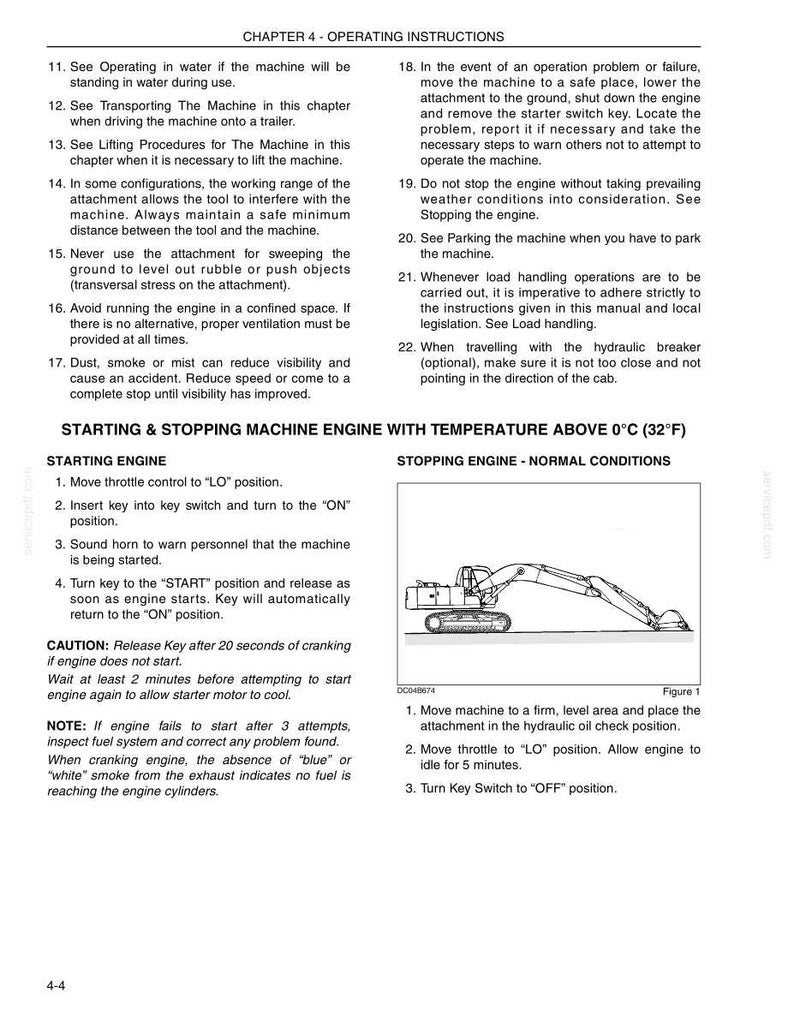 May include: A page from an operating manual titled Chapter 4 Operating Instructions. It contains numbered safety guidelines for heavy machinery, including starting and stopping procedures for temperatures above 0 degrees Celsius or 32 degrees Fahrenheit.