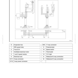 May include: Diagram of an air conditioner kit's electrical system, labeled "Section 55 - Electrical System." The diagram includes components like relays, fuses, motors, and connectors, with a table listing each part.