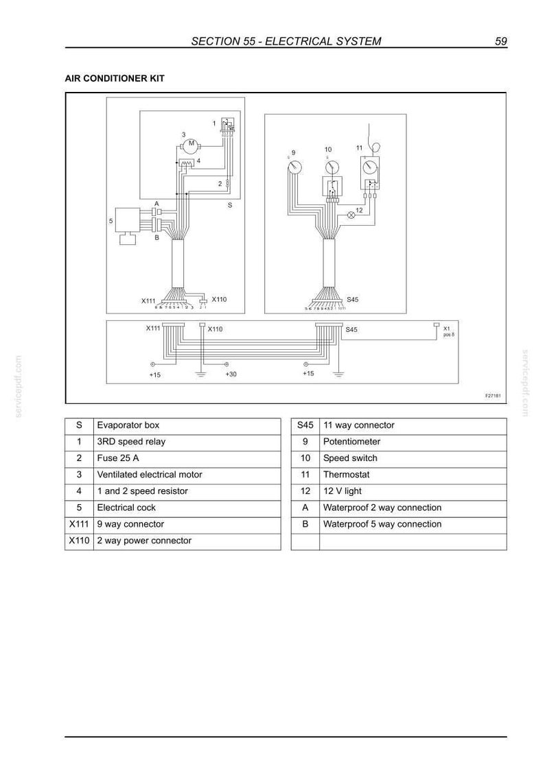 May include: Diagram of an air conditioner kit's electrical system, labeled "Section 55 - Electrical System." The diagram includes components like relays, fuses, motors, and connectors, with a table listing each part.