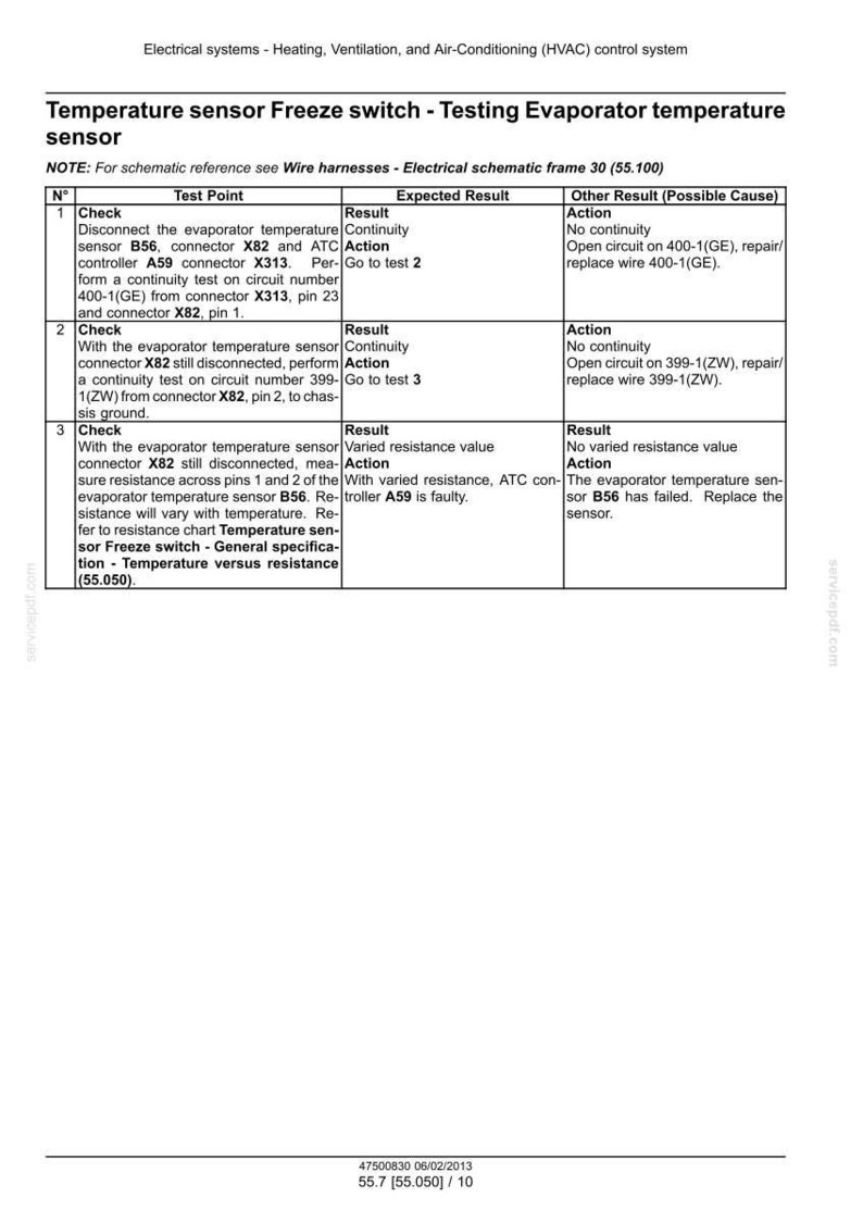 May include: A detailed technical document with a white background, featuring text and tables related to testing an evaporator temperature sensor. The document includes instructions, expected results, and possible causes for troubleshooting.