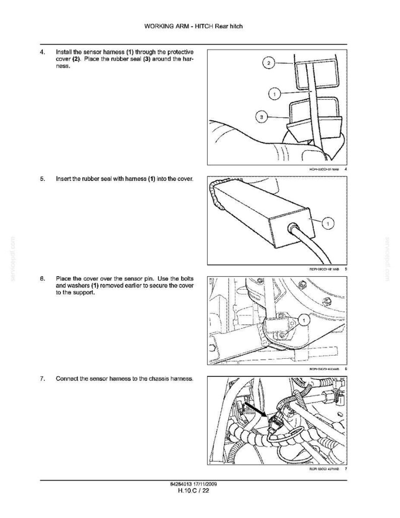 May include: Diagram illustrating the installation steps for a sensor harness on a hitch. The image shows the harness, protective cover, and rubber seal, with numbered labels for each component. Text instructions accompany the diagrams.