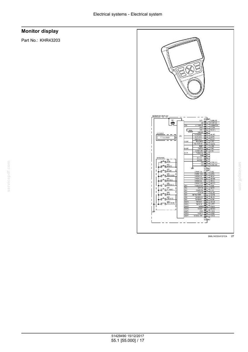 May include: Diagram of an electrical system with a monitor display and the part number KHR43203. The diagram includes a handheld control unit and a detailed schematic with various components and labels. The text "Electrical systems - Electrical system" is at the top.