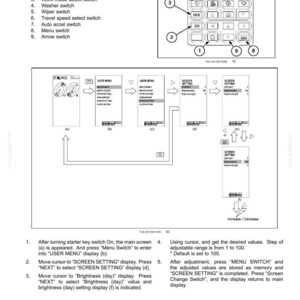 Pode incluir: Uma p&aacute;gina de manual t&eacute;cnico intitulada 3-CONTROLS/INSTRUMENTS mostrando um diagrama de um painel de controle com nove interruptores numerados, incluindo mudan&ccedil;a de tela, parada de campainha e limpadores, junto com diagramas de ajuste.