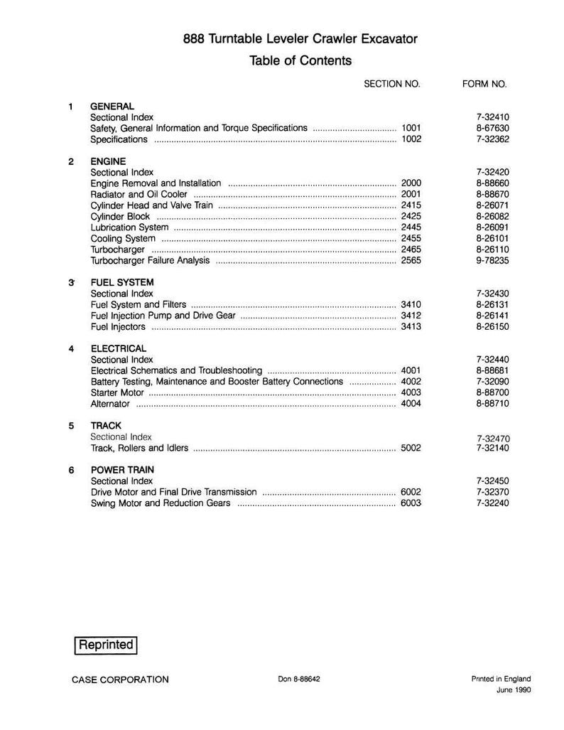 Pode incluir: Sum&aacute;rio impresso para um manual da escavadeira sobre esteiras niveladora girat&oacute;ria 888. O documento lista se&ccedil;&otilde;es como Geral, Motor, Sistema de combust&iacute;vel, El&eacute;trico, Esteira e Trem de for&ccedil;a.