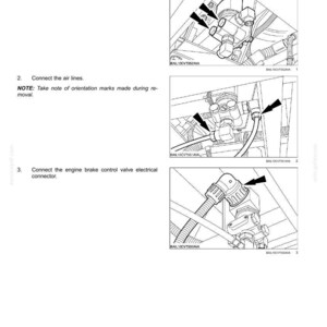 May include: A technical manual page titled Engine and PTO IN - Exhaust System, detailing the installation of an engine brake control valve. It features three black and white line drawings with arrows indicating the valve, air lines, and electrical connector.