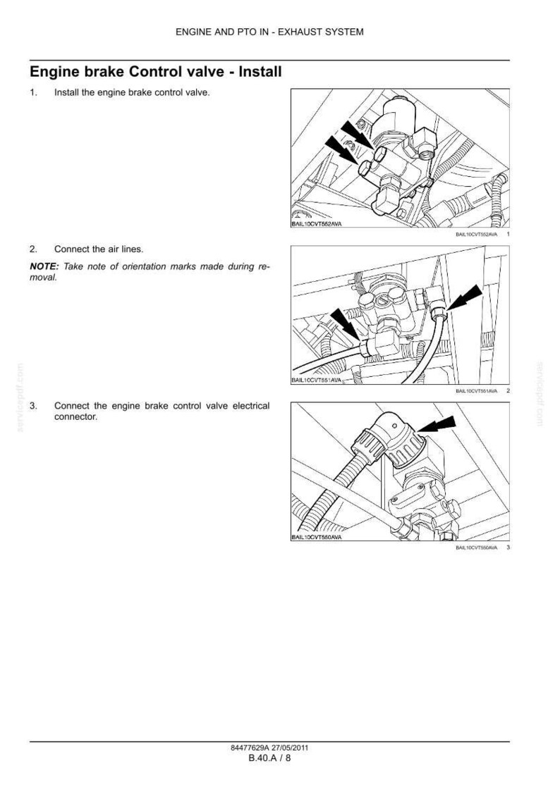 May include: A technical manual page titled Engine and PTO IN - Exhaust System, detailing the installation of an engine brake control valve. It features three black and white line drawings with arrows indicating the valve, air lines, and electrical connector.