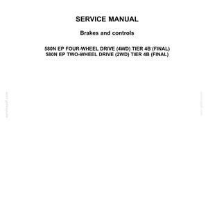 May include: A white page with the CASE CONSTRUCTION logo and the text "SERVICE MANUAL". The manual covers brakes and controls for 580N EP four-wheel and two-wheel drive Tier 4B (Final) models.