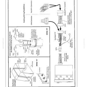 May include: A technical diagram titled Section 9 - Accessories, illustrating wiring instructions for a back-up battery module. It includes detailed schematics for connecting wire harnesses, pin connectors, and routing an orange wire through a vehicle cab.