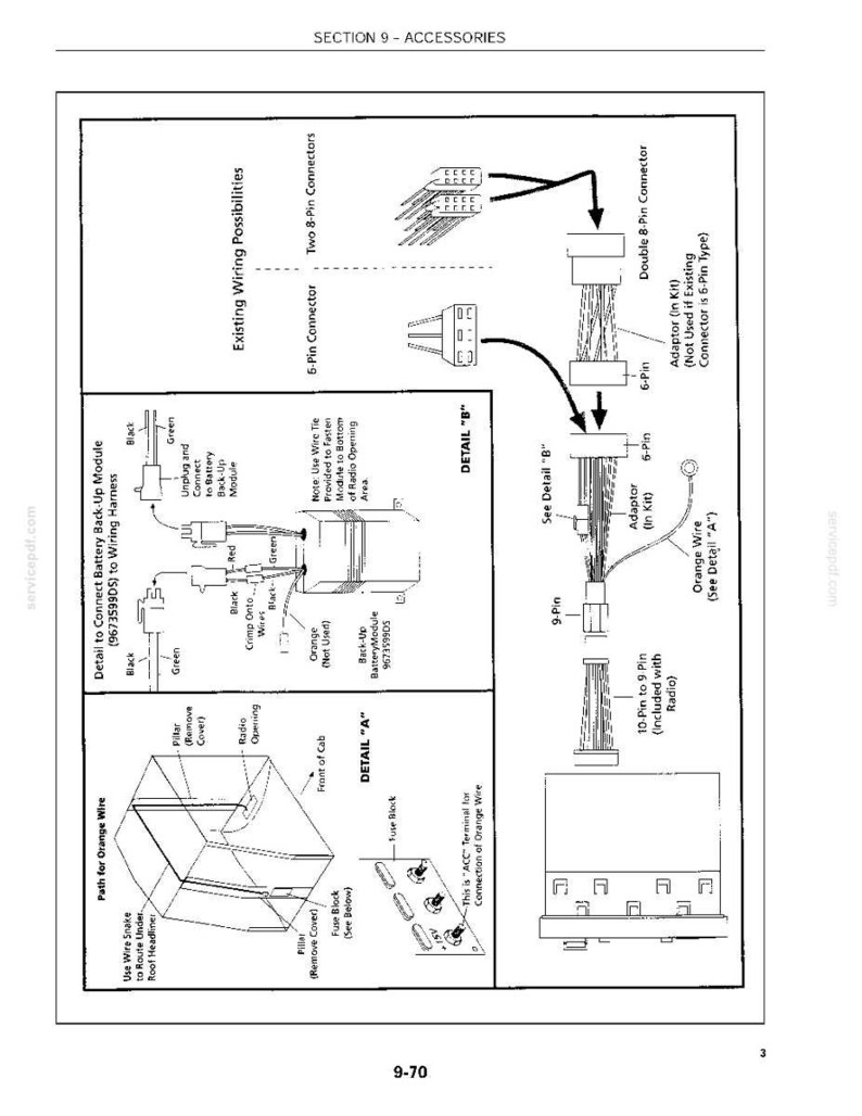 May include: A technical diagram titled Section 9 - Accessories, illustrating wiring instructions for a back-up battery module. It includes detailed schematics for connecting wire harnesses, pin connectors, and routing an orange wire through a vehicle cab.