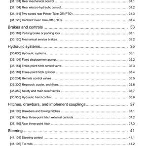 May include: A detailed technical manual page with a list of components and systems, including Power Take-Off (PTO), brakes, hydraulic systems, hitches, and steering. The page is printed in black text on a white background.