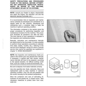 May include: A page from a maintenance manual with the title "4. MAINTENANCE". The page includes safety warnings, general information, and instructions for machine maintenance. Images of oil containers and a hand writing on a chart are also present.