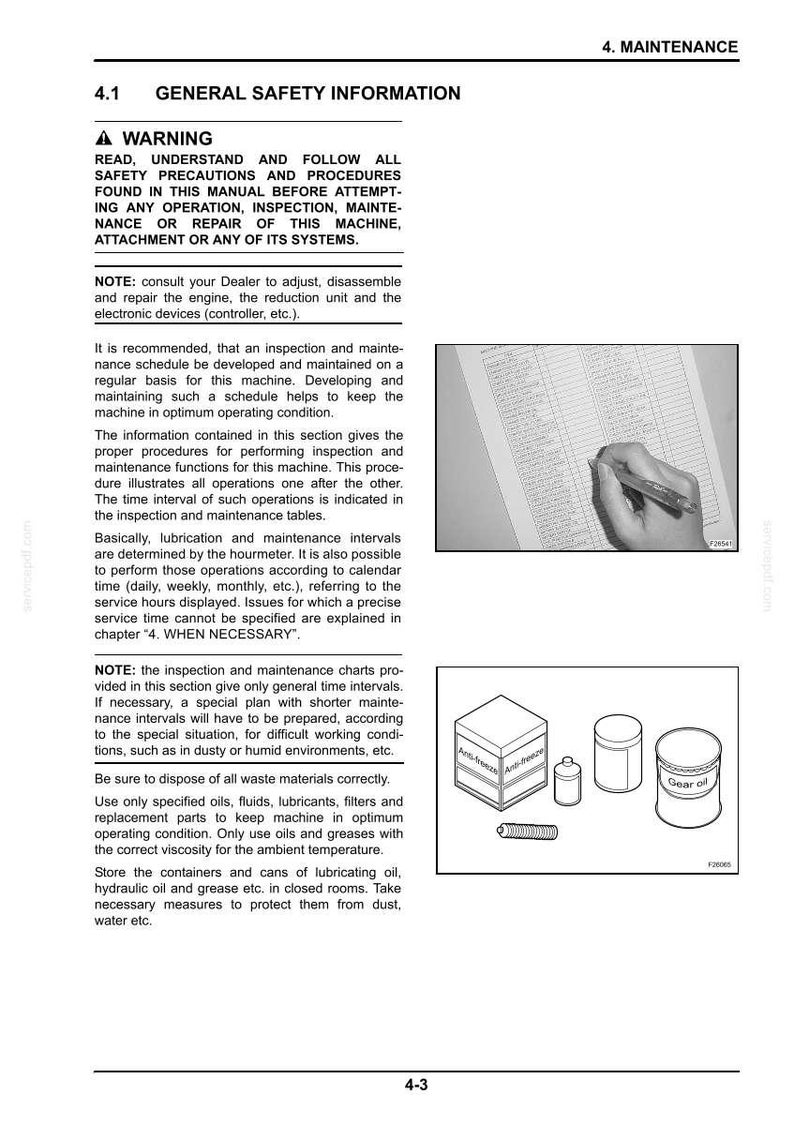 May include: A page from a maintenance manual with the title "4. MAINTENANCE". The page includes safety warnings, general information, and instructions for machine maintenance. Images of oil containers and a hand writing on a chart are also present.