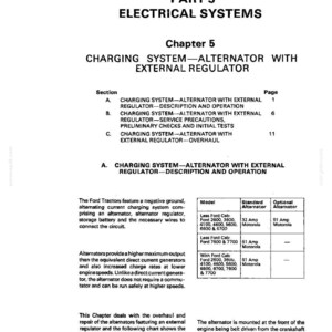 May include: A black and white technical manual page titled "Part 3 Electrical Systems" with a chapter on charging systems and alternators. Includes a table with alternator models and specifications.