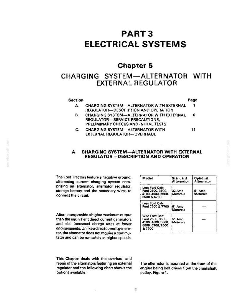May include: A black and white technical manual page titled "Part 3 Electrical Systems" with a chapter on charging systems and alternators. Includes a table with alternator models and specifications.