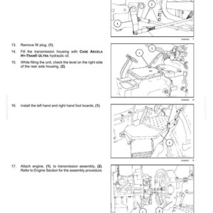 May include: Diagram of mechanical components with labels and numbers for assembly instructions. Includes images of linkages, foot boards, and engine components. Text includes instructions for attaching parts and filling with hydraulic oil.