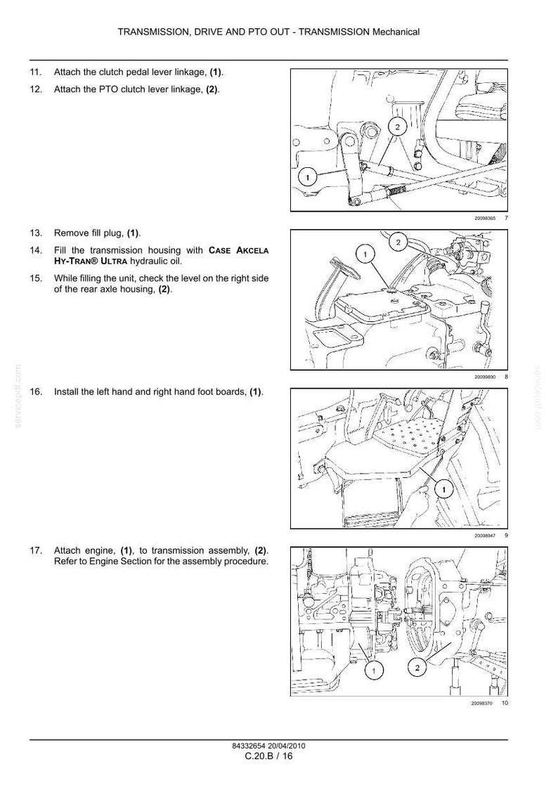 May include: Diagram of mechanical components with labels and numbers for assembly instructions. Includes images of linkages, foot boards, and engine components. Text includes instructions for attaching parts and filling with hydraulic oil.