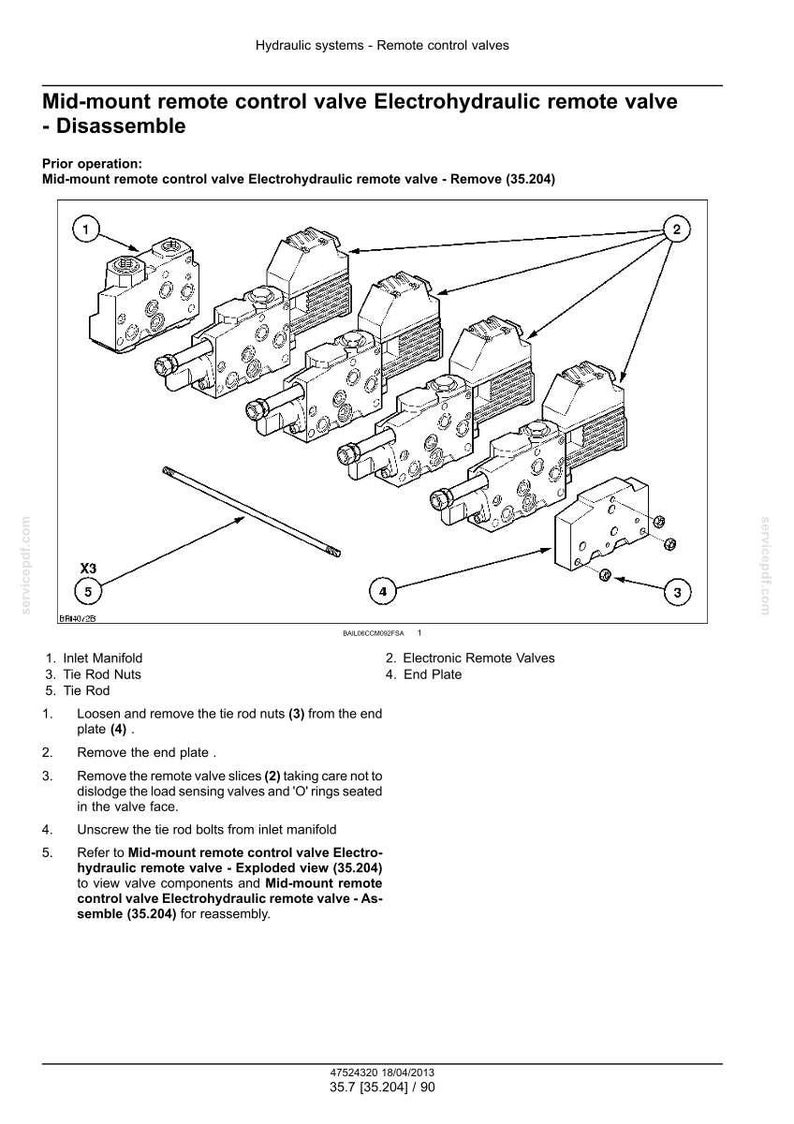 May include: Diagram of a mid-mount remote control valve electrohydraulic remote valve, disassembled. The image includes labeled components such as the inlet manifold, electronic remote valves, and tie rod nuts. Arrows indicate the disassembly process.