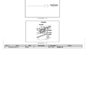 May include: Diagram of electrical connectors, including CN.B24, CN.B2M, CN.B26M, CN.B25F, and CN.B24F. The image includes a table with pin, wire, description, color-size, and frame details. The YAZAKI logo is also visible.