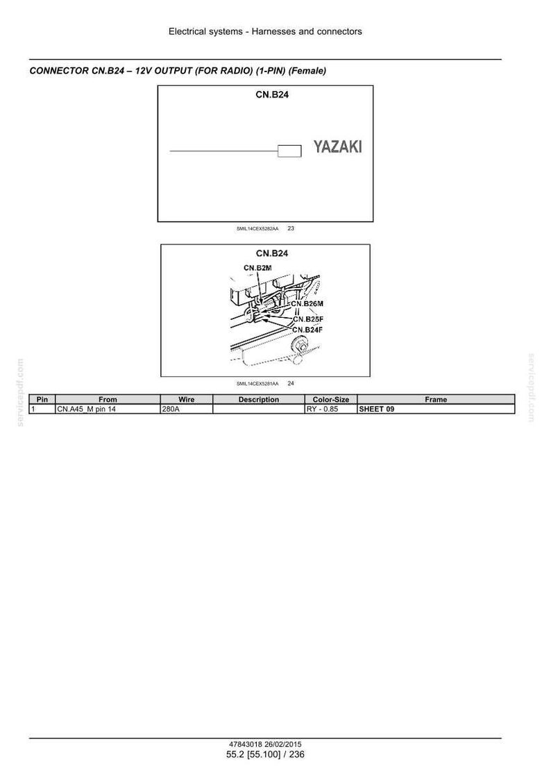May include: Diagram of electrical connectors, including CN.B24, CN.B2M, CN.B26M, CN.B25F, and CN.B24F. The image includes a table with pin, wire, description, color-size, and frame details. The YAZAKI logo is also visible.