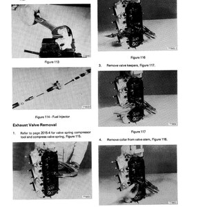 May include: A grayscale image from a manual showing steps for exhaust valve removal. The image includes close-ups of engine components, tools, and text instructions. Figures 113, 114, 115, 116, 117, and 118 are labeled, illustrating the process.