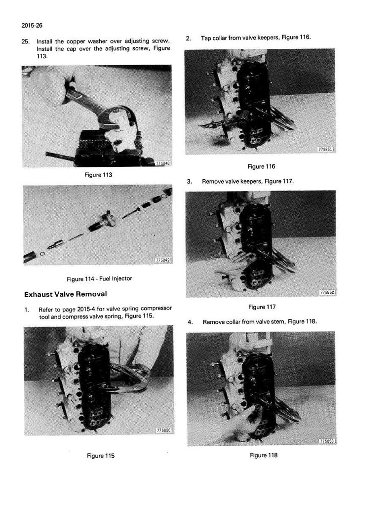 May include: A grayscale image from a manual showing steps for exhaust valve removal. The image includes close-ups of engine components, tools, and text instructions. Figures 113, 114, 115, 116, 117, and 118 are labeled, illustrating the process.