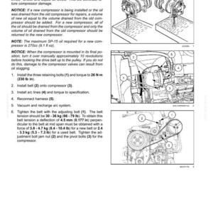 May include: Diagram of air conditioning compressor installation, with step-by-step instructions. Includes illustrations of parts like bolts, belts, and lines. Text includes torque specifications in lb in and belt tension in lbs.