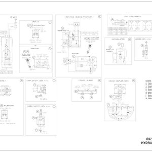 May include: A detailed black and white schematic diagram of an E57C excavator's hydraulic system. The diagram includes various components and labels, such as valves, pumps, and circuits, with a legend on the right side. The text "E57C EXCAVATOR HYDRAULIC SCHEMATIC" is at the bottom.