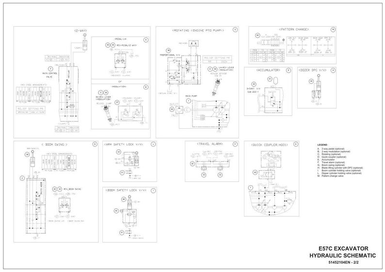 May include: A detailed black and white schematic diagram of an E57C excavator's hydraulic system. The diagram includes various components and labels, such as valves, pumps, and circuits, with a legend on the right side. The text "E57C EXCAVATOR HYDRAULIC SCHEMATIC" is at the bottom.