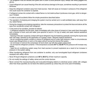 May include: Document titled "Personal safety CAB AIR CONDITIONING SYSTEM" with safety regulations. Text includes warnings about handling refrigerant, eye protection, and first aid procedures. Page 5.