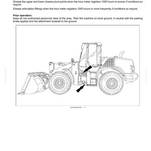 May include: A technical line drawing of a wheel loader showing maintenance instructions for pivot points. The text reads 7 - MAINTENANCE, Every 1000 hours, Pivot points, and Prior operation. Arrows point to specific chassis locations on the machine.