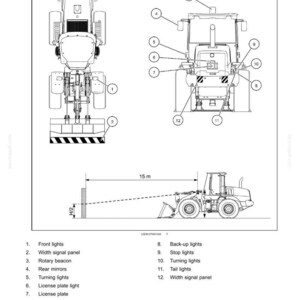 May include: Diagram of a construction vehicle with labeled lights and visual signals. Includes front lights, width signal panel, rotary beacon, rear mirrors, turning lights, license plate light, back-up lights, stop lights, and tail lights.