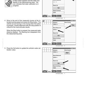 May include: A technical manual page titled 3-SETUP showing three instructional steps for radar calibration. The diagrams display a digital interface with buttons labeled Start, Stop, and Cal, alongside numerical values like 121.9 m and 10.0.