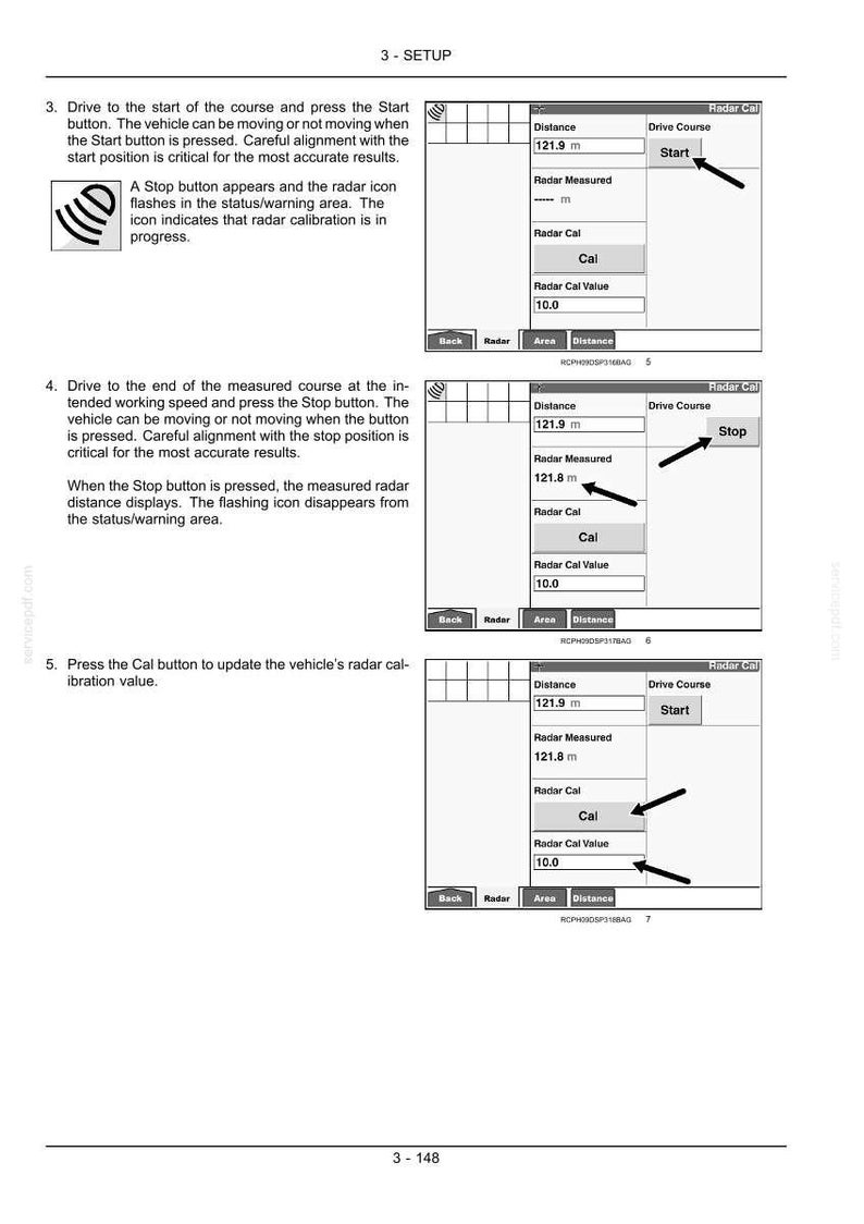 May include: A technical manual page titled 3-SETUP showing three instructional steps for radar calibration. The diagrams display a digital interface with buttons labeled Start, Stop, and Cal, alongside numerical values like 121.9 m and 10.0.