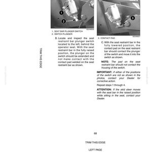 May include: Diagram of operating instructions for a seat bar plunger switch and contact pad. The image includes text and close-up photos of the switch and related components, with labels and numbered steps for reference.