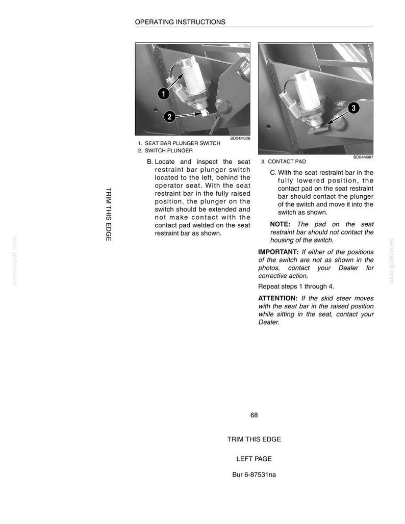May include: Diagram of operating instructions for a seat bar plunger switch and contact pad. The image includes text and close-up photos of the switch and related components, with labels and numbered steps for reference.