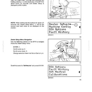 May include: A page from a manual detailing the "Dealer Setup Menu" for a hydrostatic transmission system. The page includes diagrams of the control panel, menu options, and instructions for navigation. The text includes "Machine Config", "DIA Options", and "Fault History".